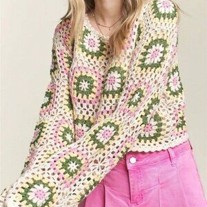 White Casual Women's Floral Print Crochet Long Sleeve Round Neck Cropped T-Shirt